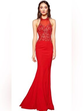 Red Beaded Halter Prom Gown